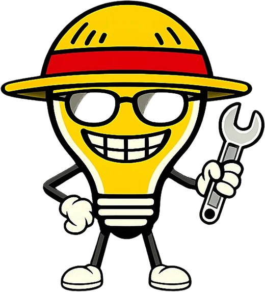 La mascotte di Nerd Service Project: una lampadina sorridente con cappello di paglia, occhiali e chiave inglese